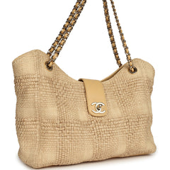 Pre-owned Chanel Small Shopping Bag Beige Braided Raffia Light Gold Hardware