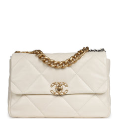 Chanel Large 19 Flap Bag White Shiny Lambskin Mixed Metal Hardware