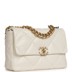 Chanel Large 19 Flap Bag White Shiny Lambskin Mixed Metal Hardware