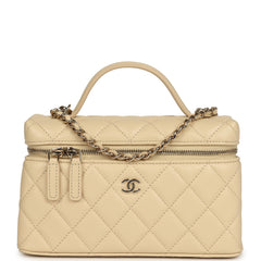 Chanel Top Handle Long Vanity Case with Chain Beige Shiny Caviar Light Gold Hardware