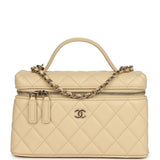 Chanel Top Handle Long Vanity Case with Chain Beige Shiny Caviar Light Gold Hardware - Thumbnail View 1