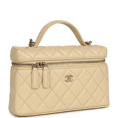 Chanel Top Handle Long Vanity Case with Chain Beige Shiny Caviar Light Gold Hardware