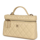 Chanel Top Handle Long Vanity Case with Chain Beige Shiny Caviar Light Gold Hardware - Thumbnail View 5