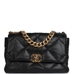 Chanel Large 19 Flap Bag Black Shiny Lambskin Mixed Metal Hardware