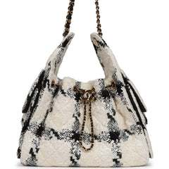 Chanel Small 25 Hobo Bag White, Black Tweed Gold Hardware