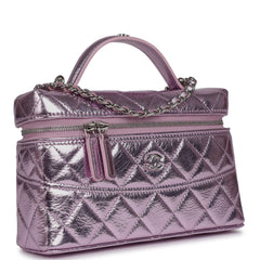 Chanel Top Handle Long Vanity Case with Chain Pink Metallic Calfskin Gold Hardware