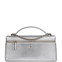 Chanel Top Handle Long Vanity Case with Chain Silver Metallic Lizard Embossed Calfskin Light Gold Hardware