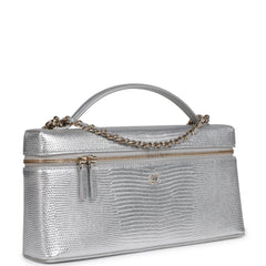 Chanel Top Handle Long Vanity Case with Chain Silver Metallic Lizard Embossed Calfskin Light Gold Hardware