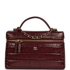Chanel Top Handle Long Vanity Case with Chain Dark Burgundy Croc Embossed Calfskin Gold Hardware