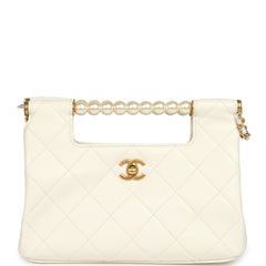 Chanel Pearl Top Handle Small Shopping Bag White Shiny Lambskin Brushed Gold Hardware