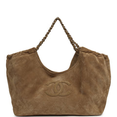 Chanel Large CC Cabas Hobo Bag Dark Beige Suede Gold Hardware