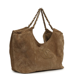 Chanel Large CC Cabas Hobo Bag Dark Beige Suede Gold Hardware