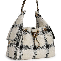 Chanel Small 25 Hobo Bag White, Black Tweed Gold Hardware