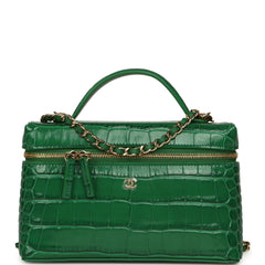 Chanel Top Handle Long Vanity Case with Chain Green Croc Embossed Calfskin Gold Hardware