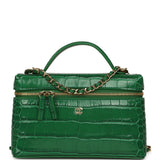 Chanel Top Handle Long Vanity Case with Chain Green Croc Embossed Calfskin Gold Hardware - Thumbnail View 1