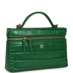 Chanel Top Handle Long Vanity Case with Chain Green Croc Embossed Calfskin Gold Hardware