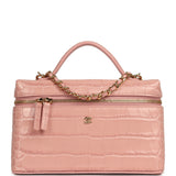 Chanel Top Handle Long Vanity Case with Chain Pink Croc Embossed Calfskin Gold Hardware - Thumbnail View 1