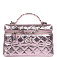 Chanel Trendy Top Handle Long Vanity Case with Chain Pink Metallic Calfskin Silver Hardware