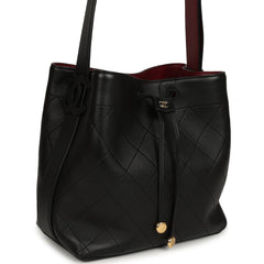 Chanel "CC Loop" Drawstring Bucket Bag with Leather Strap Black, Burgundy Calfskin Gold Hardware