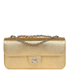 Chanel East West Flap Bag Gold Metallic Lizard Embossed Calfskin Silver Hardware