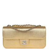 Chanel East West Flap Bag Gold Metallic Lizard Embossed Calfskin Silver Hardware - Thumbnail View 1