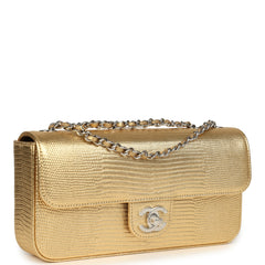 Chanel East West Flap Bag Gold Metallic Lizard Embossed Calfskin Silver Hardware