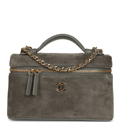 Chanel Top Handle Long Vanity Case with Chain Dark Grey Suede Gold Hardware
