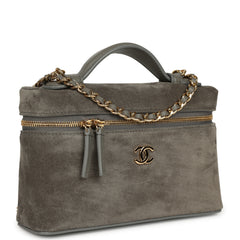 Chanel Top Handle Long Vanity Case with Chain Dark Grey Suede Gold Hardware