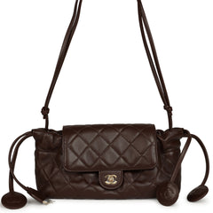 Chanel Drawstring Flap Bag with Leather Strap Dark Brown Lambskin Gold Hardware