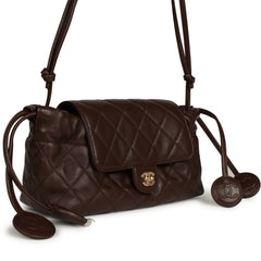 Chanel Drawstring Flap Bag with Leather Strap Dark Brown Lambskin Gold Hardware