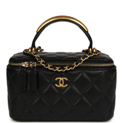 Chanel Small Top Handle Vanity Case with Chain Black Lambskin Antique Gold Hardware