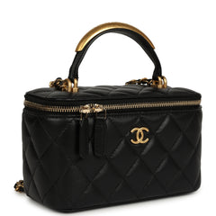 Chanel Small Top Handle Vanity Case with Chain Black Lambskin Antique Gold Hardware