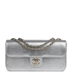Chanel East West Flap Bag Silver Metallic Lizard Embossed Calfskin Light Gold Hardware