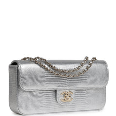 Chanel East West Flap Bag Silver Metallic Lizard Embossed Calfskin Light Gold Hardware