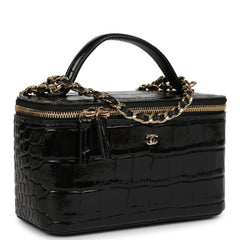 Chanel Small Top Handle Vanity Case Black Croc Embossed Calfskin Gold Hardware