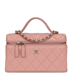 Chanel Top Handle Long Vanity Case with Chain Pink Caviar Light Gold Hardware