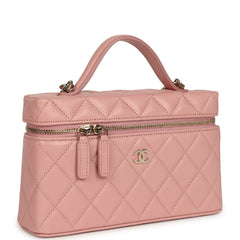 Chanel Top Handle Long Vanity Case with Chain Pink Caviar Light Gold Hardware