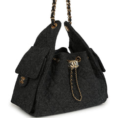 Chanel Small 25 Hobo Bag Dark Grey Wool Felt Gold Hardware