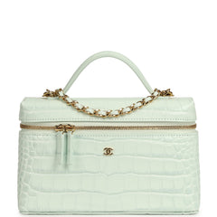 Chanel Top Handle Long Vanity Case with Chain Light Blue Croc Embossed Calfskin Gold Hardware
