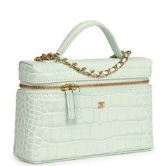 Chanel Top Handle Long Vanity Case with Chain Light Blue Croc Embossed Calfskin Gold Hardware