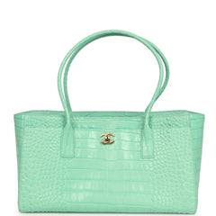 Chanel Small Cerf Shopping Bag Teal Croc Embossed Calfskin Gold Hardware