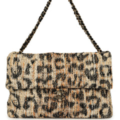 Chanel Maxi Leopard Print "Souplissimo" Large Flap Bag Brown, Black, White Tweed, Mixed Fibers Gold Hardware