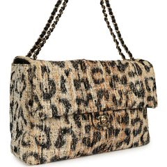 Chanel Maxi Leopard Print "Souplissimo" Large Flap Bag Brown, Black, White Tweed, Mixed Fibers Gold Hardware
