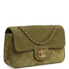 Chanel Mini "Souplissimo" Flap Bag Khaki Suede Gold Hardware