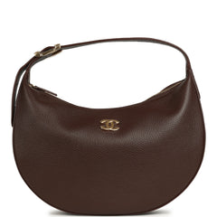 Chanel Round Top Handle Hobo Bag Dark Brown Grained Calfskin Gold Hardware