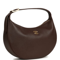 Chanel Round Top Handle Hobo Bag Dark Brown Grained Calfskin Gold Hardware