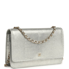Chanel Wallet On Chain WOC Silver Metallic Lizard Embossed Calfskin Light Gold Hardware