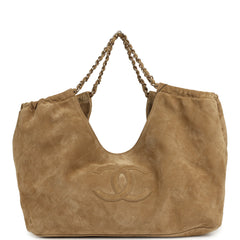 Chanel Maxi CC Cabas Hobo Bag Dark Beige Suede Gold Hardware