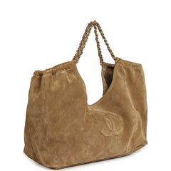 Chanel Maxi CC Cabas Hobo Bag Dark Beige Suede Gold Hardware