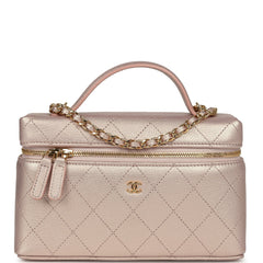 Chanel Top Handle Long Vanity Case with Chain Pink Iridescent Grained Goatskin Gold Hardware
